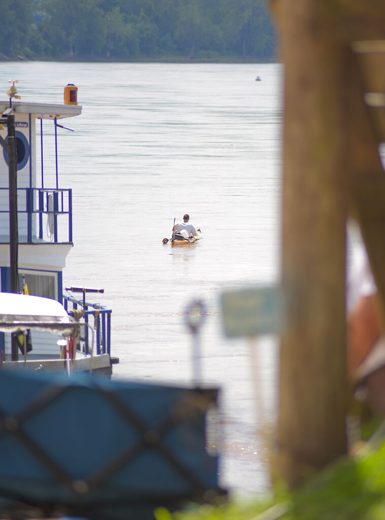 Corey Chilson kayaks on the Missouri River
